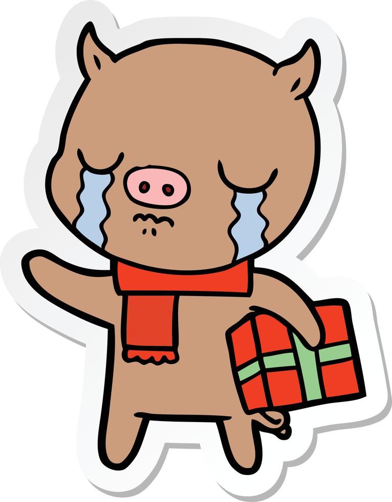 adesivo de um porco de desenho animado chorando por presente de natal vetor