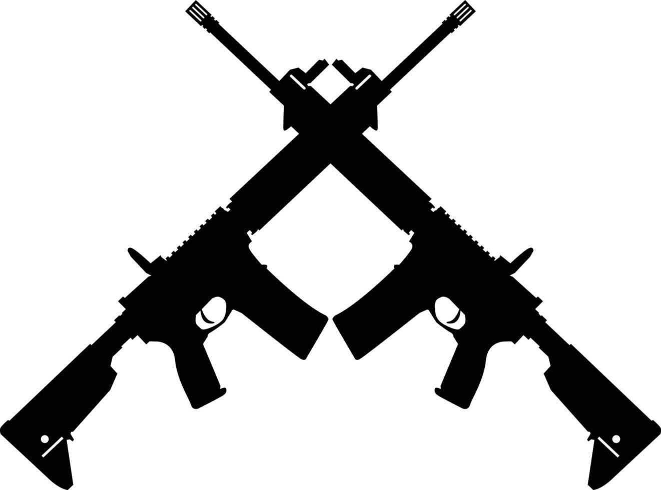 rifles de assalto cruzados em fundo branco. símbolo de espingarda de assalto ak47 silhueta cruzada. dois cruzaram uma placa de fuzil de assalto. estilo plano. vetor