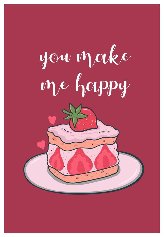 lindo cartão de dia dos namorados com bolo de morango. gráficos vetoriais. vetor