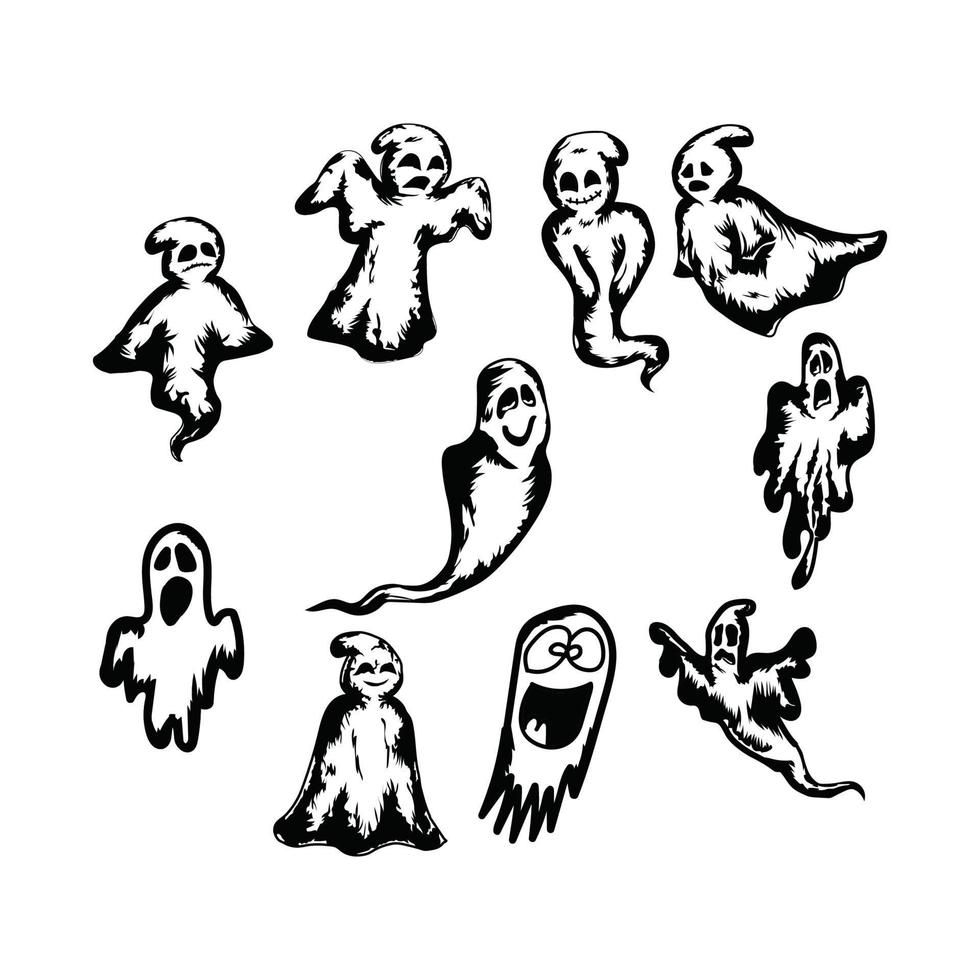 coleção diferente de vetores de fantasmas de halloween. lindo pacote fantasma. fantasmas negros sobre fundo branco. conjunto de diferentes fantasmas fofos de halloween.
