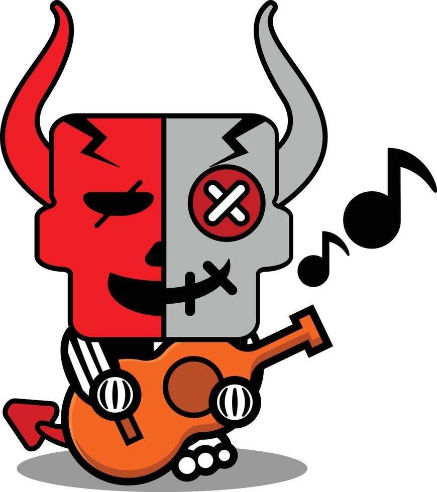 ilustração em vetor personagem de mascote de boneco de diabo dos desenhos animados de halloween crânio bonito tocando guitarra