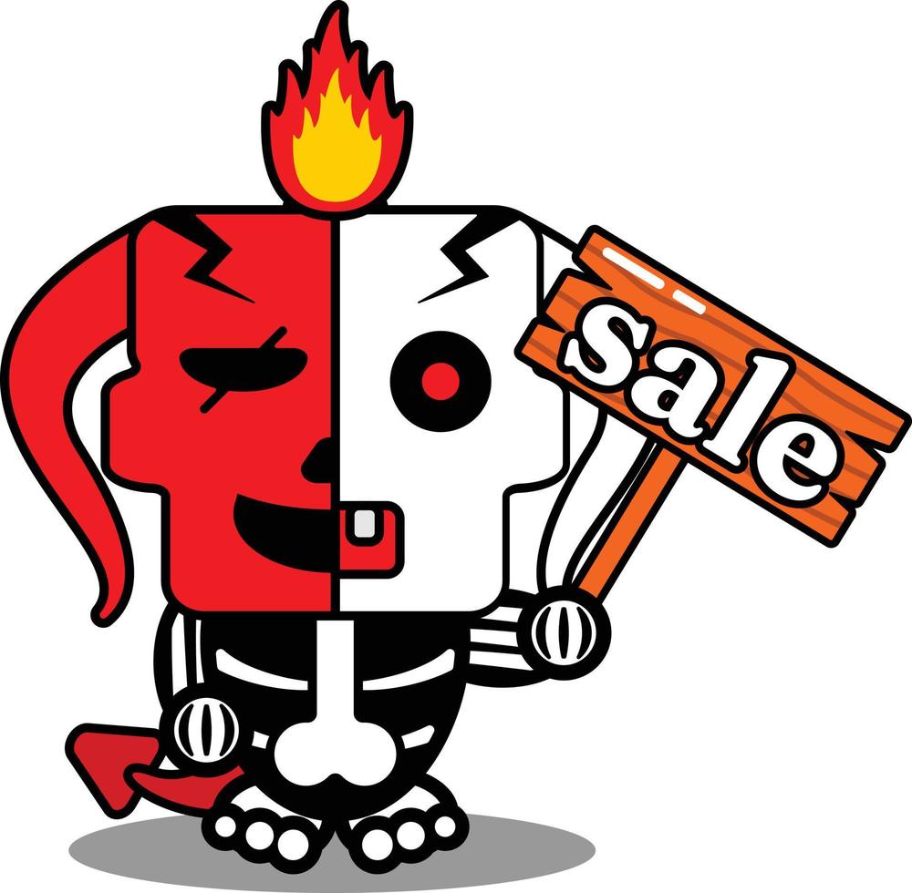 ilustração vetorial de personagem de mascote de osso de diabo vermelho bonito dos desenhos animados de halloween segurando uma placa de venda vetor