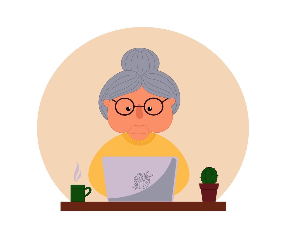 vovó feliz com laptop, mulher idosa usando computador para comunicação na internet. velha e notebook. vetor
