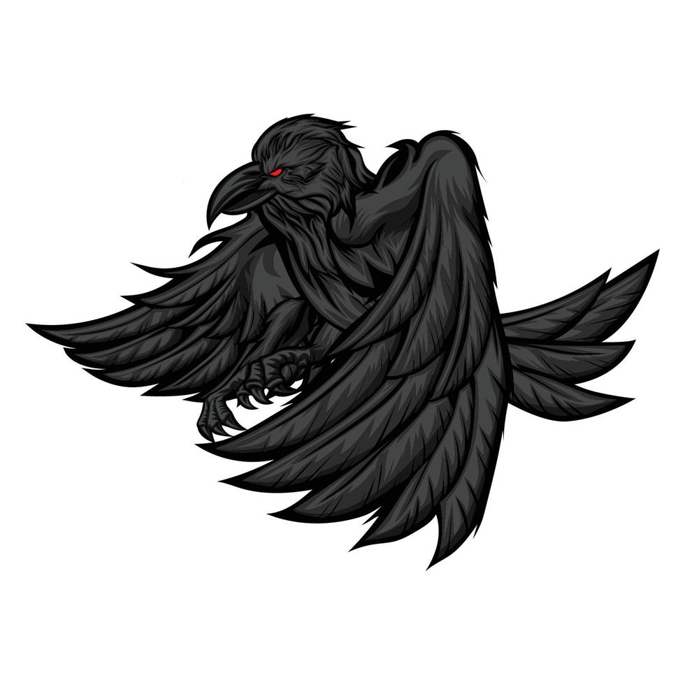corvo preto voador isolado no fundo branco vetor