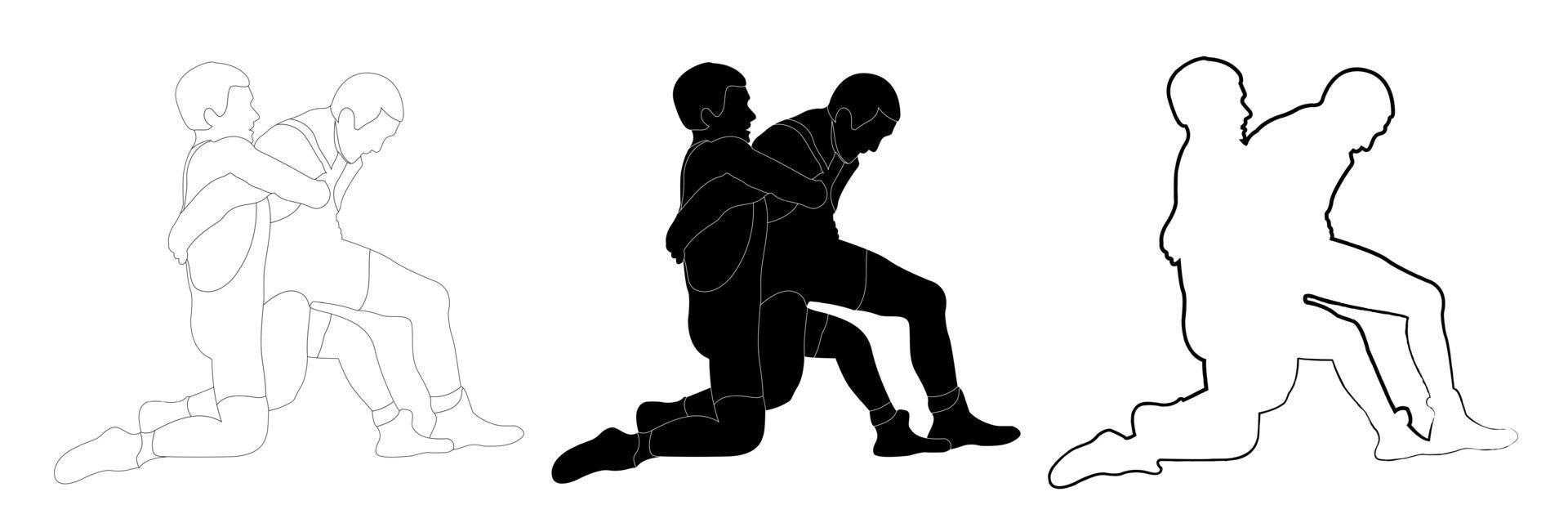contorno esboço silhueta preto e branco de um atleta de lutador em luta livre, segurando, agarrando. doodle desenho de linha preto e branco. vetor
