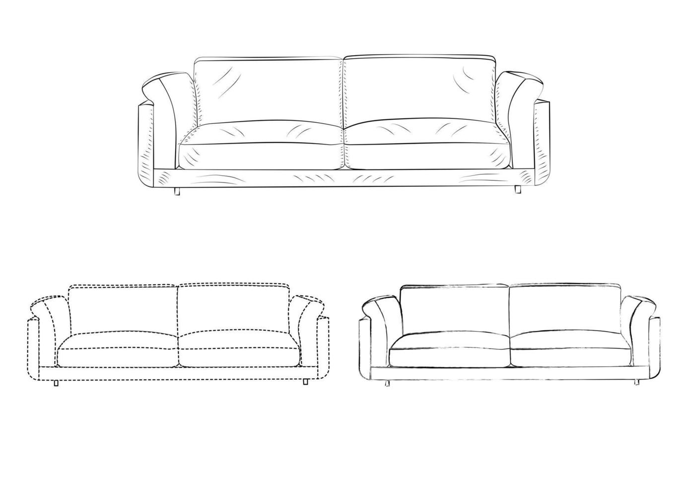 esboço de desenho, sofá de contorno de silhueta, sofá, sofá, sofá-cama, espreguiçadeira, pufe. estilo de linha e pinceladas vetor