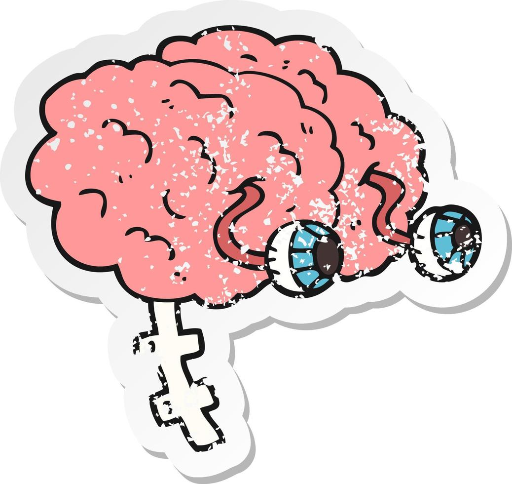 adesivo retrô angustiado de um cérebro de desenho animado vetor