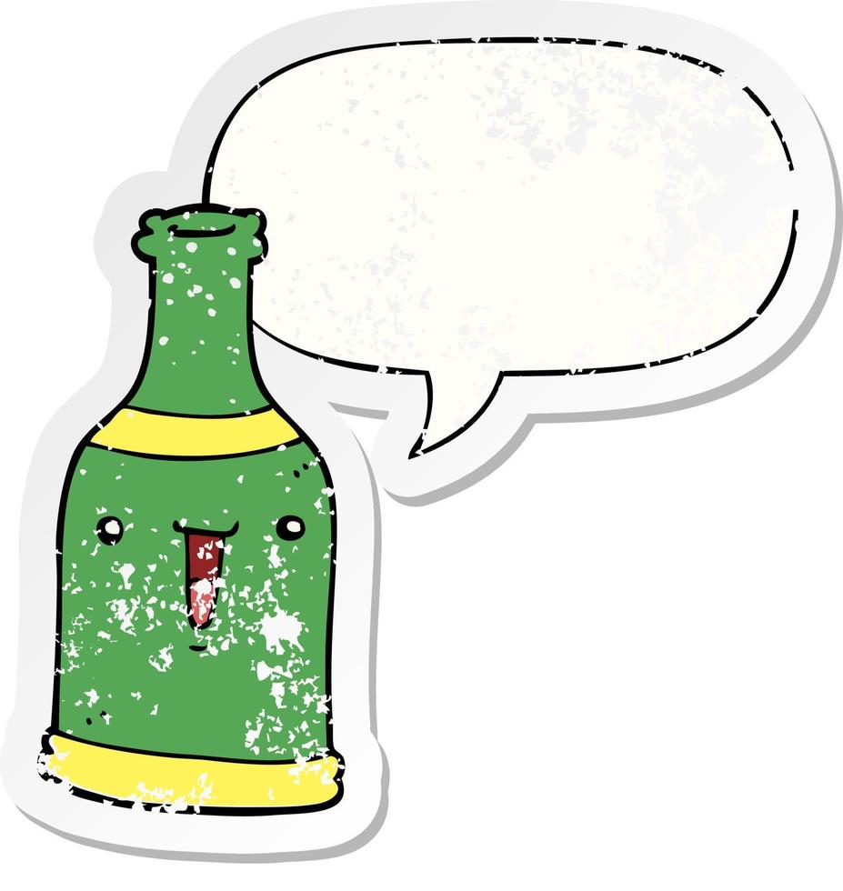 garrafa de cerveja de desenho animado e adesivo angustiado de bolha de fala vetor