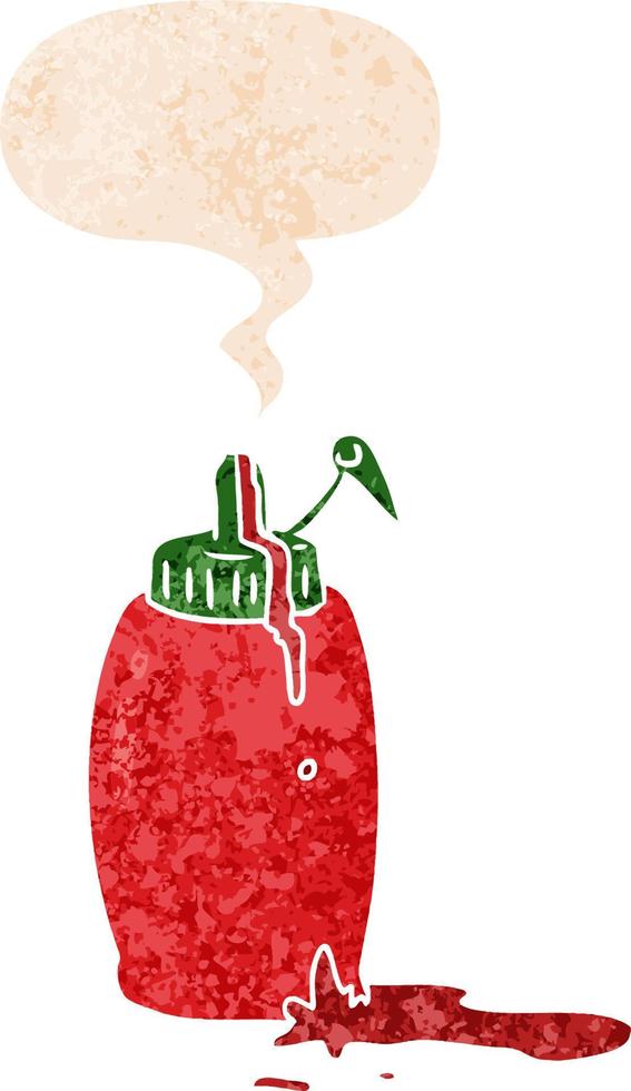 garrafa de ketchup de desenho animado e bolha de fala em estilo retrô texturizado vetor