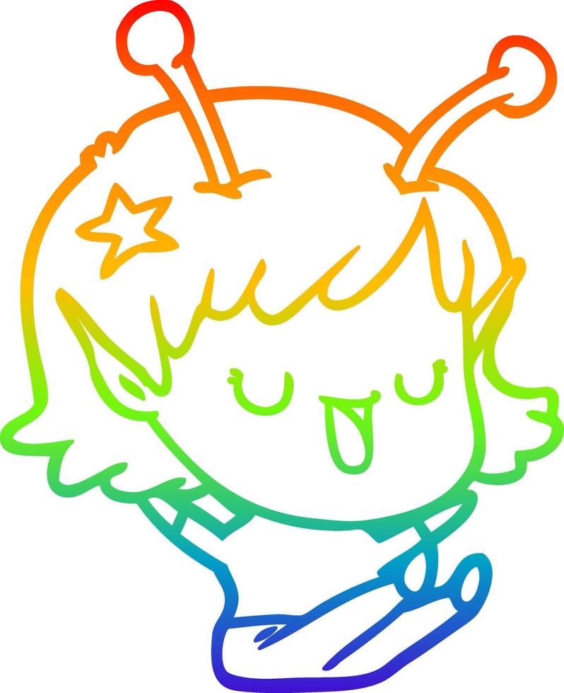 desenho de linha de gradiente de arco-íris desenho de garota alienígena feliz rindo vetor