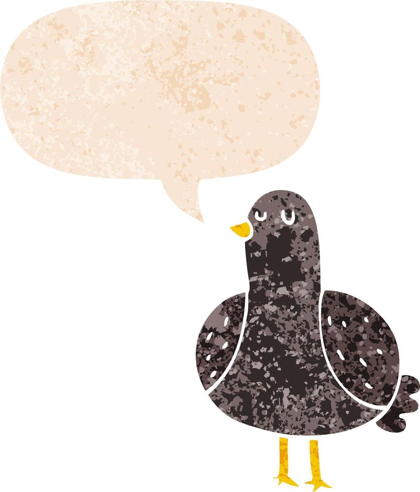 pássaro de desenho animado e bolha de fala em estilo retrô texturizado vetor