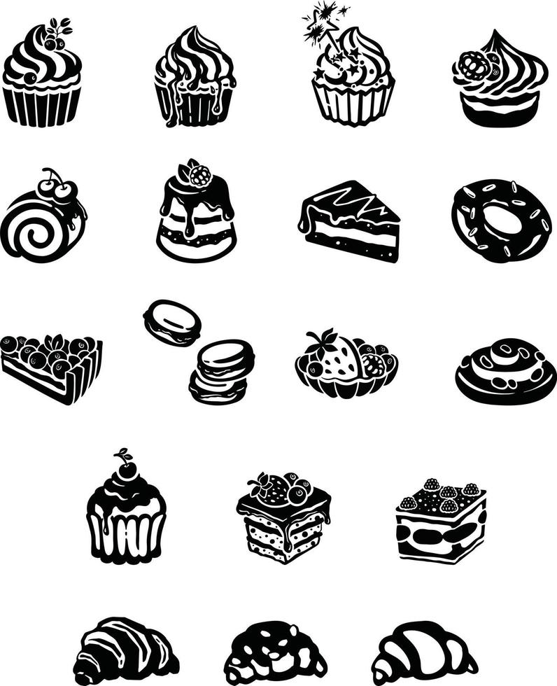 conjunto de sobremesa de bolo de doces, ilustração desenhada à mão vetor
