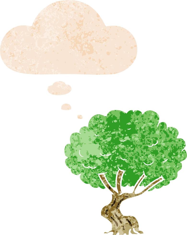 árvore de desenho animado e balão de pensamento em estilo retrô texturizado vetor