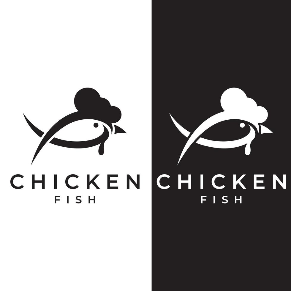 logotipo de frango, logotipo de cabeça de galo com combinação de peixes. logotipo para negócios da empresa, restaurante ou restaurante ou barraca de comida. usando ilustração vetorial simples penditan. vetor