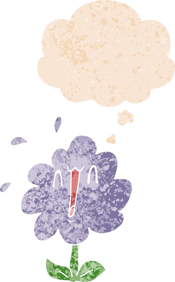 flor de desenho animado e balão de pensamento em estilo retrô texturizado vetor