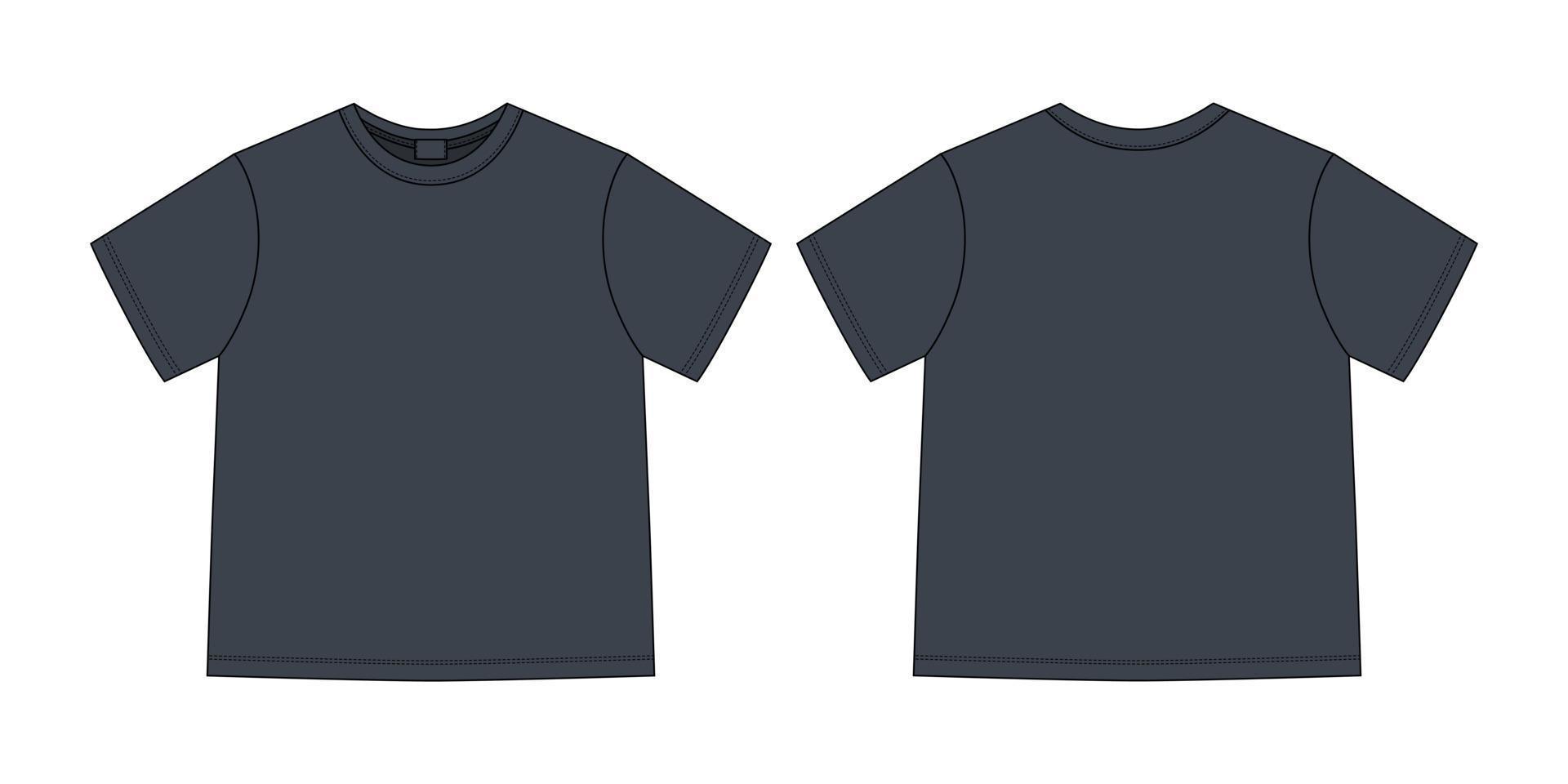 camiseta unissex de desenho técnico de vestuário. cor preta. modelo de design de camiseta. vista frontal e traseira. vetor