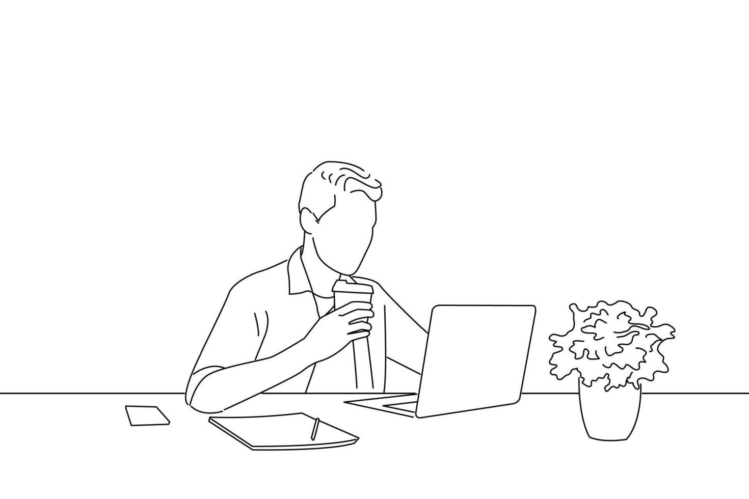 ilustração de trabalhador bonito em copos tomando café enquanto assiste a vídeo em seu laptop no escritório. estilo de desenho de arte oneline vetor