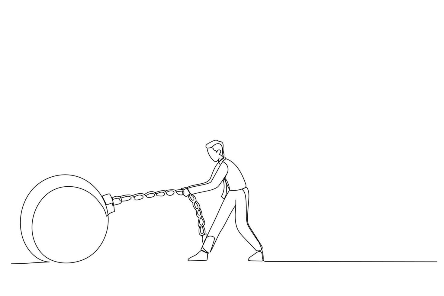 desenho de empresário puxando bola de ferro grande duro acorrentada à perna dele. arte de linha contínua única vetor