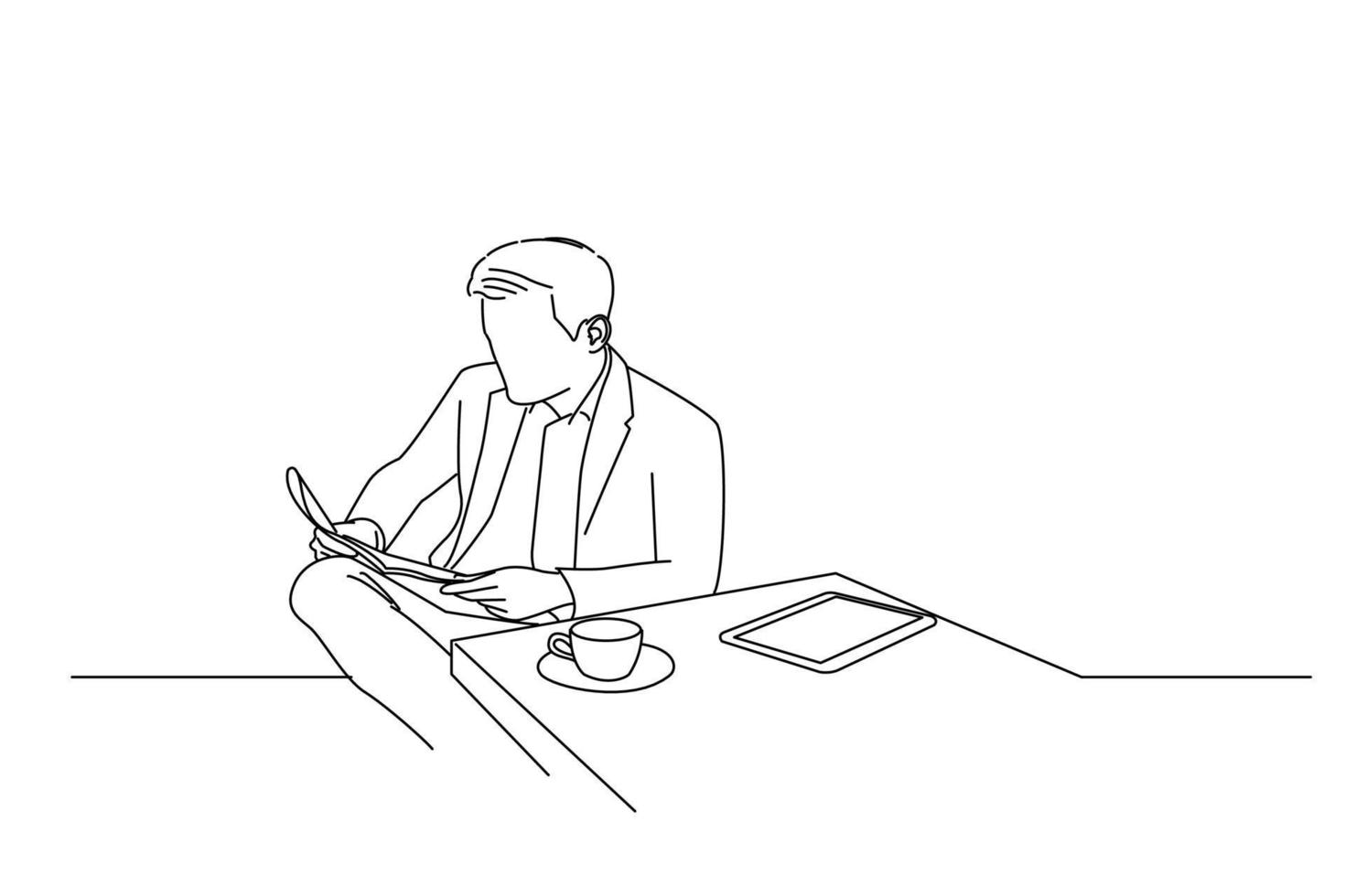 desenho de bonito jovem empresário lendo jornal em um café na calçada. estilo de arte de linha vetor