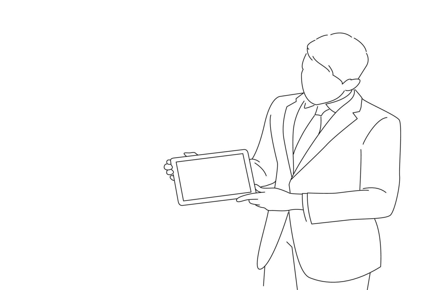 desenho de um jovem engenheiro criativo em um terno de negócios com gravata apresenta um tablet... estilo de desenho de arte oneline vetor