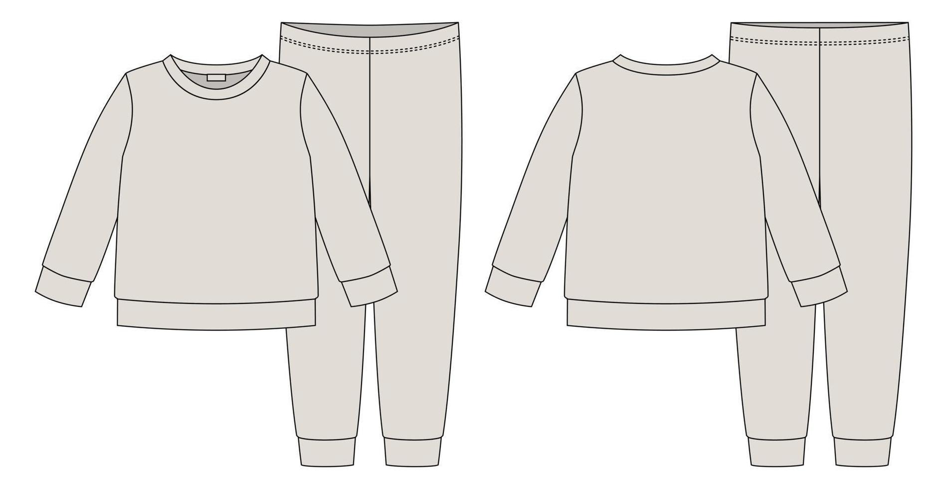 croqui técnico de pijama de vestuário. cor cinza. moletom e calça infantil de algodão. as crianças descrevem o modelo de design de roupa de dormir. vetor