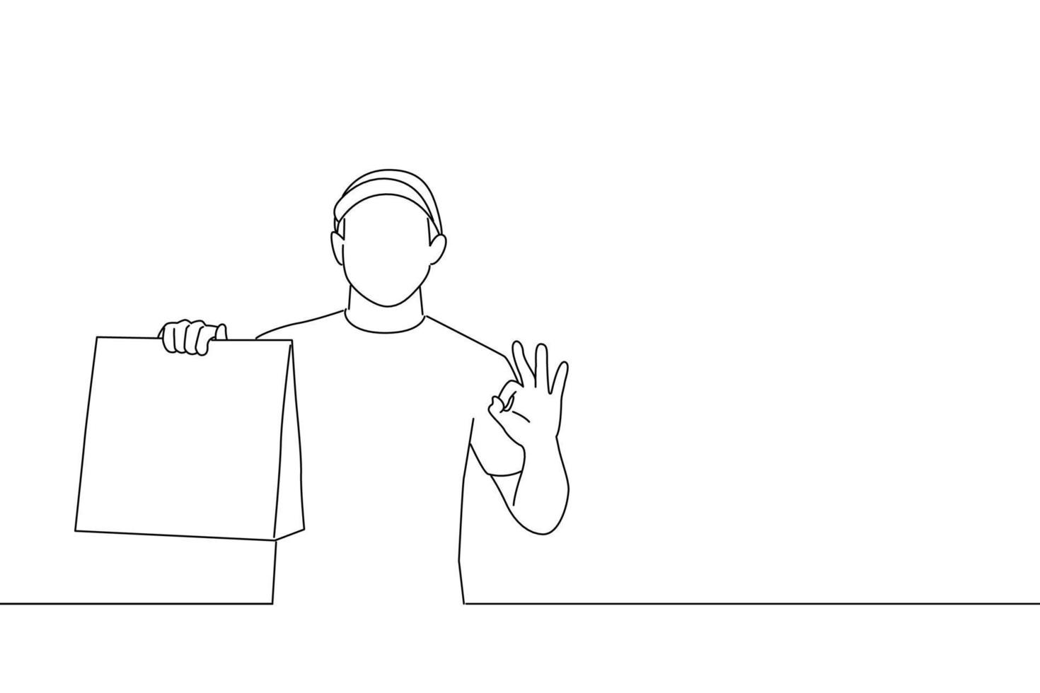 desenho de entregador de uniforme vermelho segure o pacote de papel ofício com comida mostrando sinal de ok. arte de estilo de desenho de contorno vetor