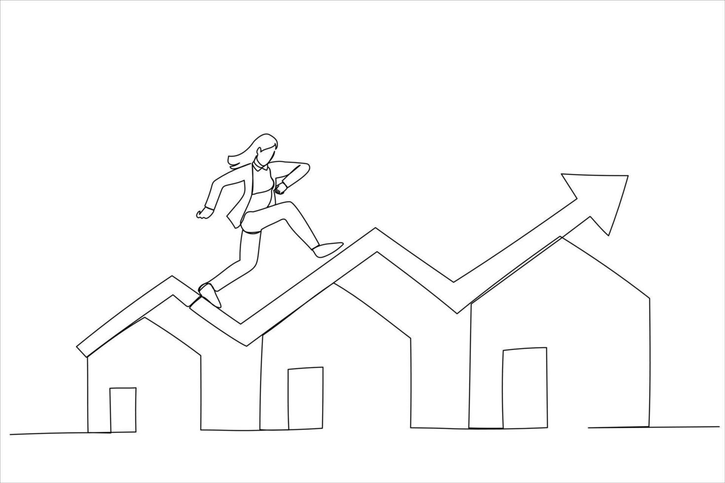 desenho de empresária correndo no gráfico verde crescente no telhado da casa. preço da habitação subindo. arte de linha contínua única vetor