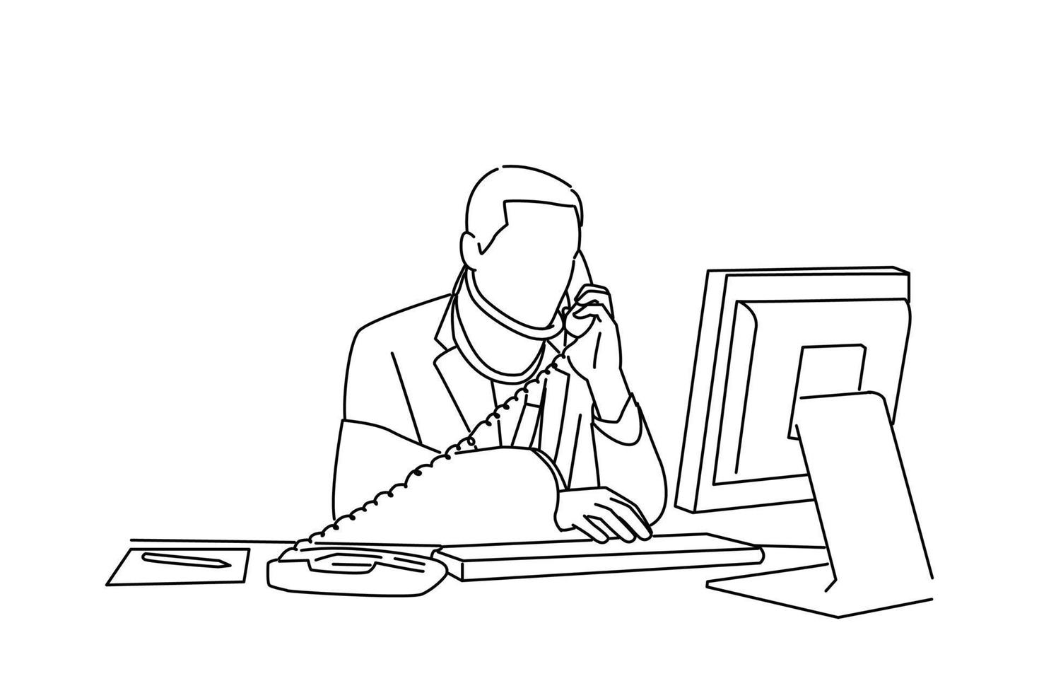 desenho animado do empresário com lesões falando ao telefone enquanto tenta trabalhar em seu computador. estilo de arte de linha vetor