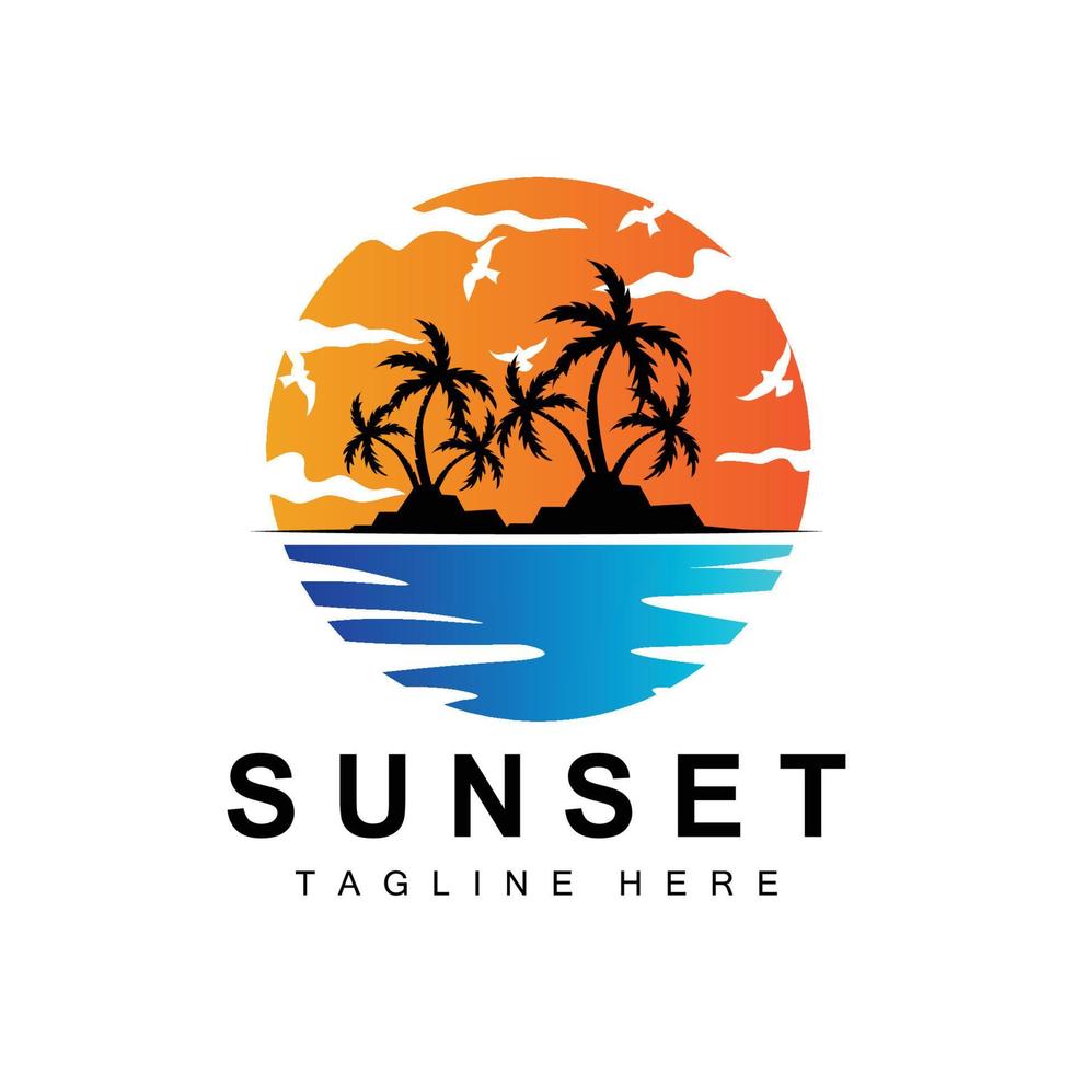 design de logotipo de praia do sol, ilustração de paisagem marinha, vetor de local de férias de dia vermelho