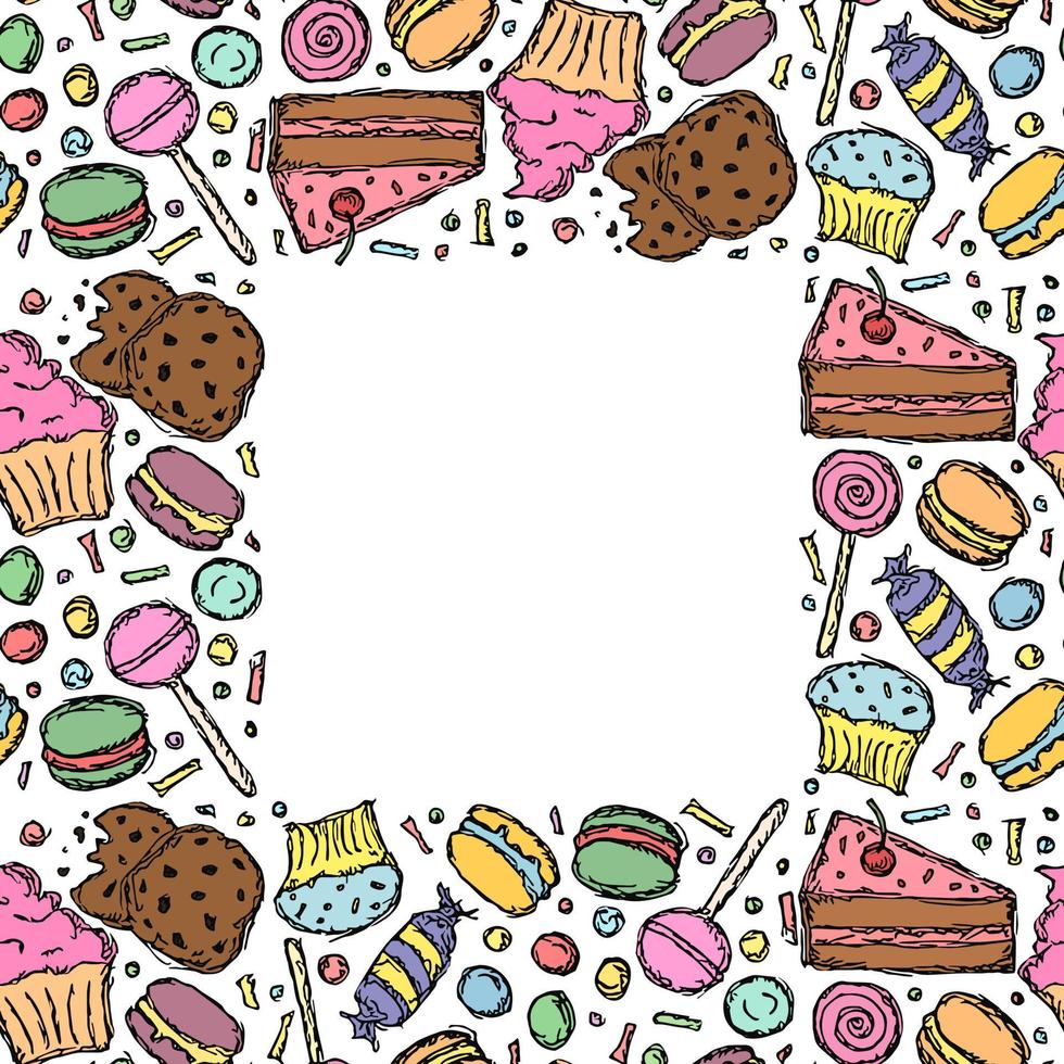 moldura de doces sem costura com lugar para texto. fundo de doces e doces. ilustração vetorial doodle com ícones de doces e doces vetor