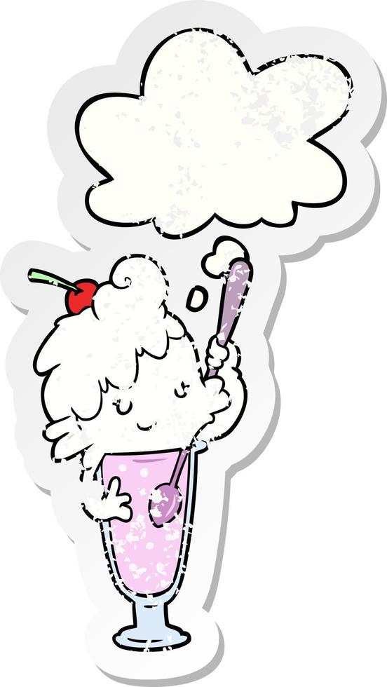 garota de refrigerante de sorvete de desenho animado e bolha de pensamento como um adesivo desgastado vetor