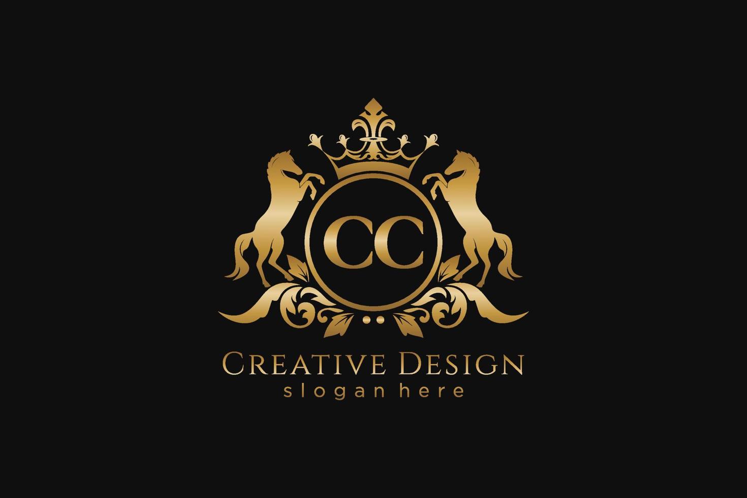 crista dourada retro cc inicial com círculo e dois cavalos, modelo de crachá com pergaminhos e coroa real - perfeito para projetos de marca luxuosos vetor