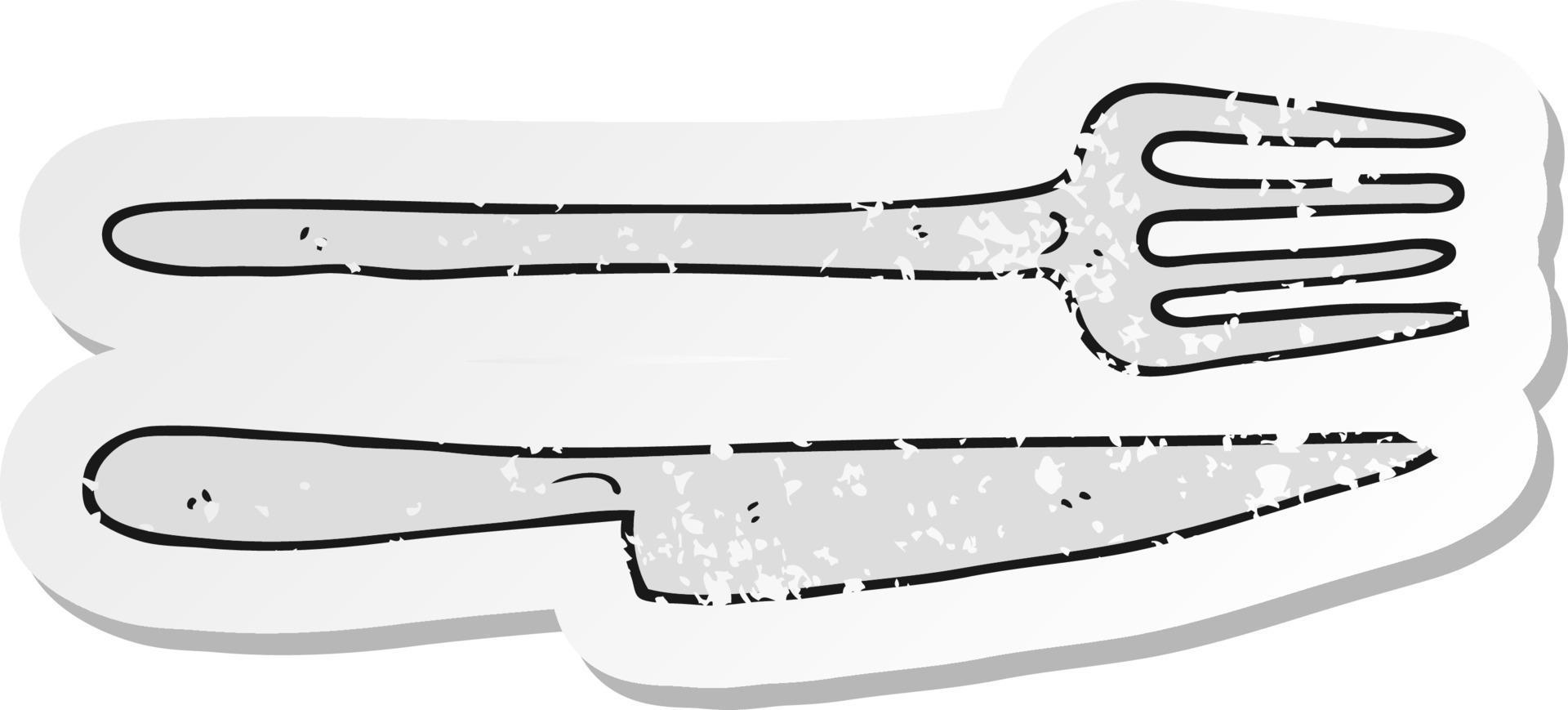 adesivo retrô angustiado de uma faca e garfo de desenho animado vetor