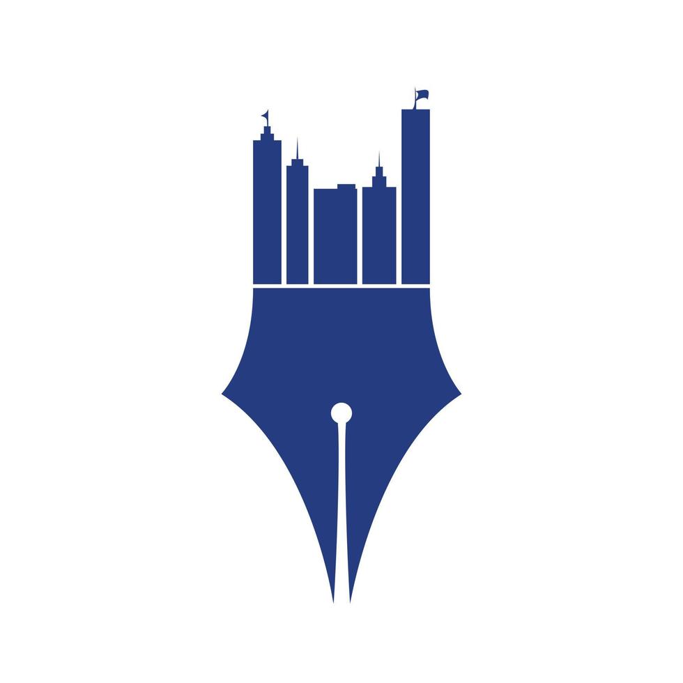 conceito criativo com design de logotipo de skyline de caneta e cidade. vetor