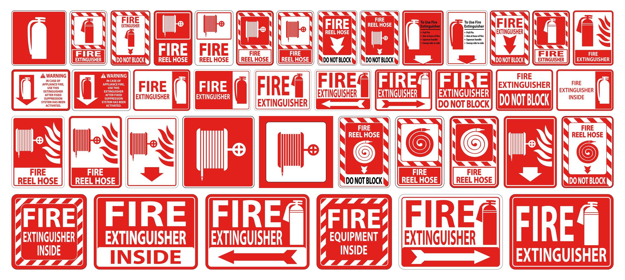 sinal de mangueira de incêndio e extintor ou conjunto de etiquetas vetor