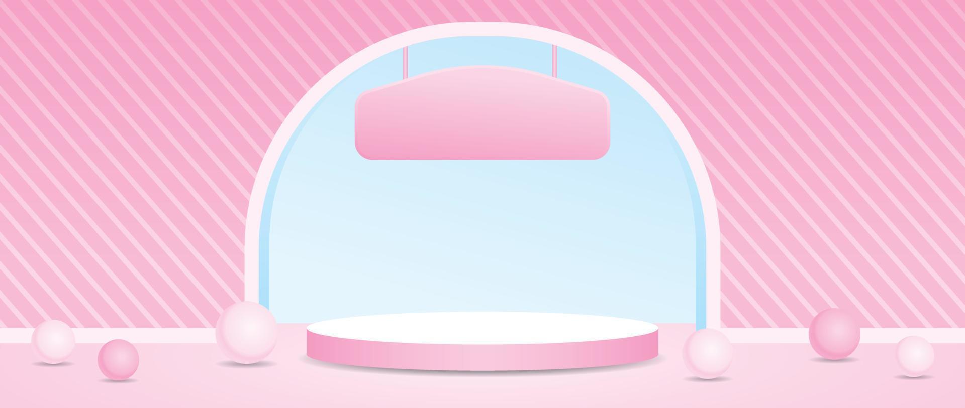 pódio de exibição de produto rosa pastel feminino bonito com vetor de ilustração 3d de parede de arco listrado para colocar seu objeto