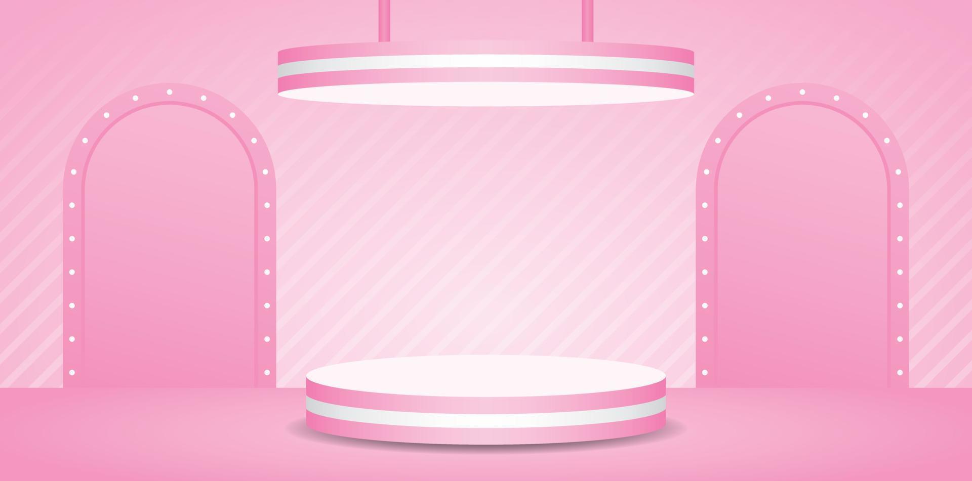 palco de exibição de pódio listrado rosa com teto suspenso e cenário de arco de lâmpada no piso rosa pastel doce e vetor de ilustração 3d de parede para colocar produtos de beleza e cosméticos
