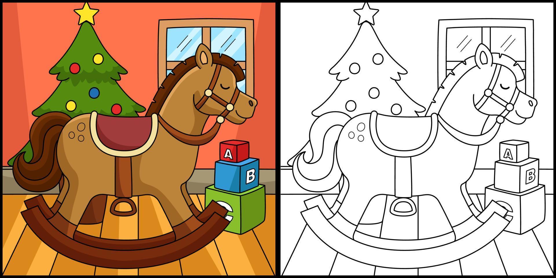 ilustração de página para colorir de cavalo de balanço de natal vetor