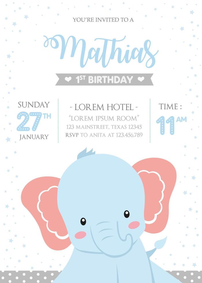 primeiro convite de aniversário com elefante fofo vetor