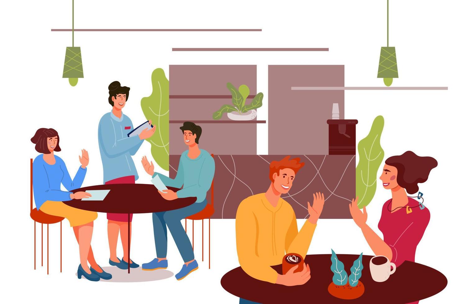 personagens de desenhos animados de pessoas sentados em mesas no café ou cafeteria, ilustração vetorial plana isolada. fundo interior de cafeteria com visitantes ou clientes pedindo refeições e bebidas e garçonete. vetor