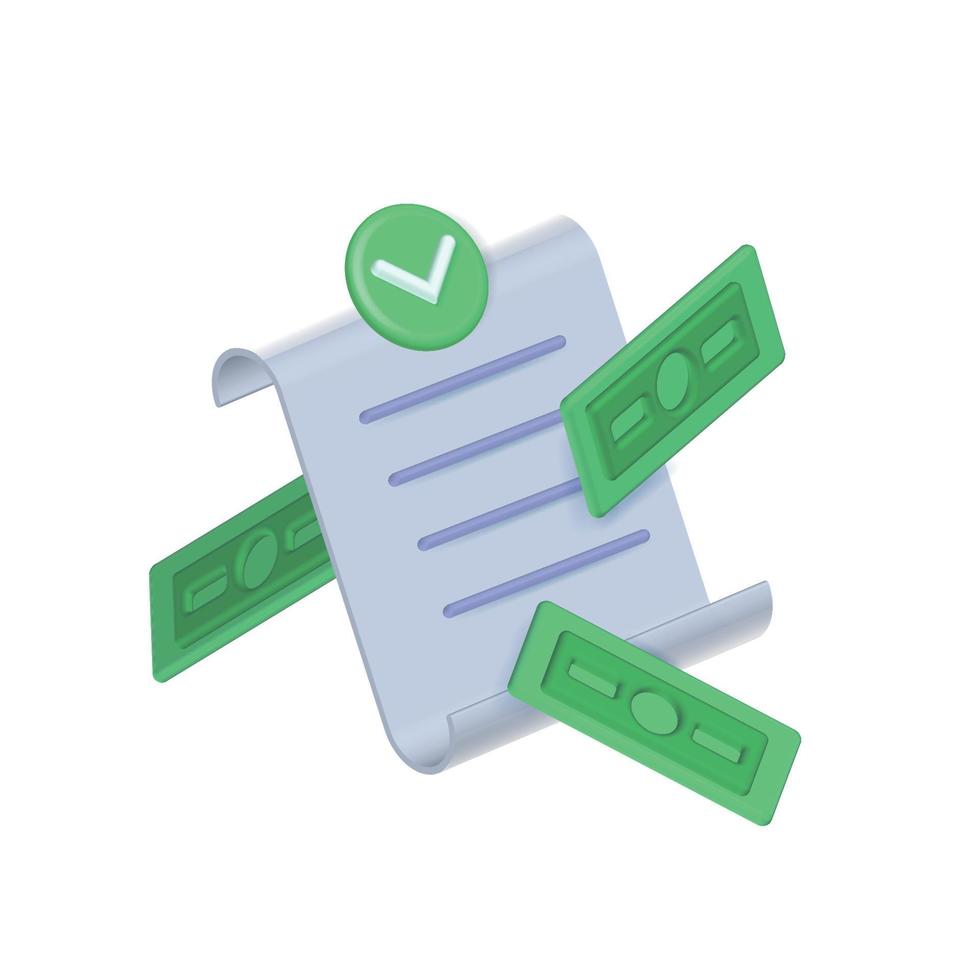 3D renderizar conta de papel do ícone de pagamento de recibo de transação com notas verdes. modelo de recibo ou fatura. ilustração vetorial de renderização vetor