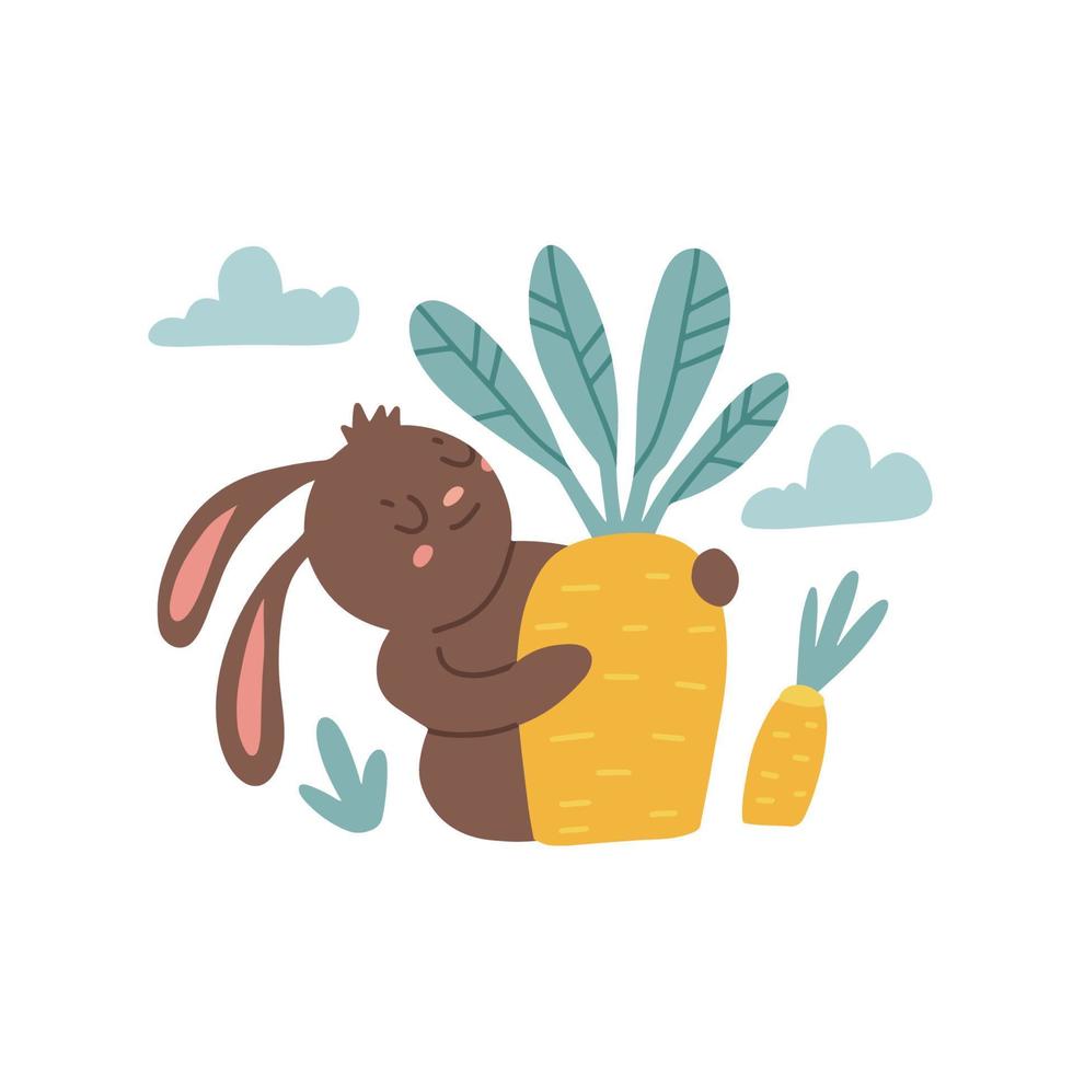 coelho de desenho animado aconchegante carregando grande colheita de cenoura. estação quente de outono. ilustração vetorial plana desenhada à mão vetor