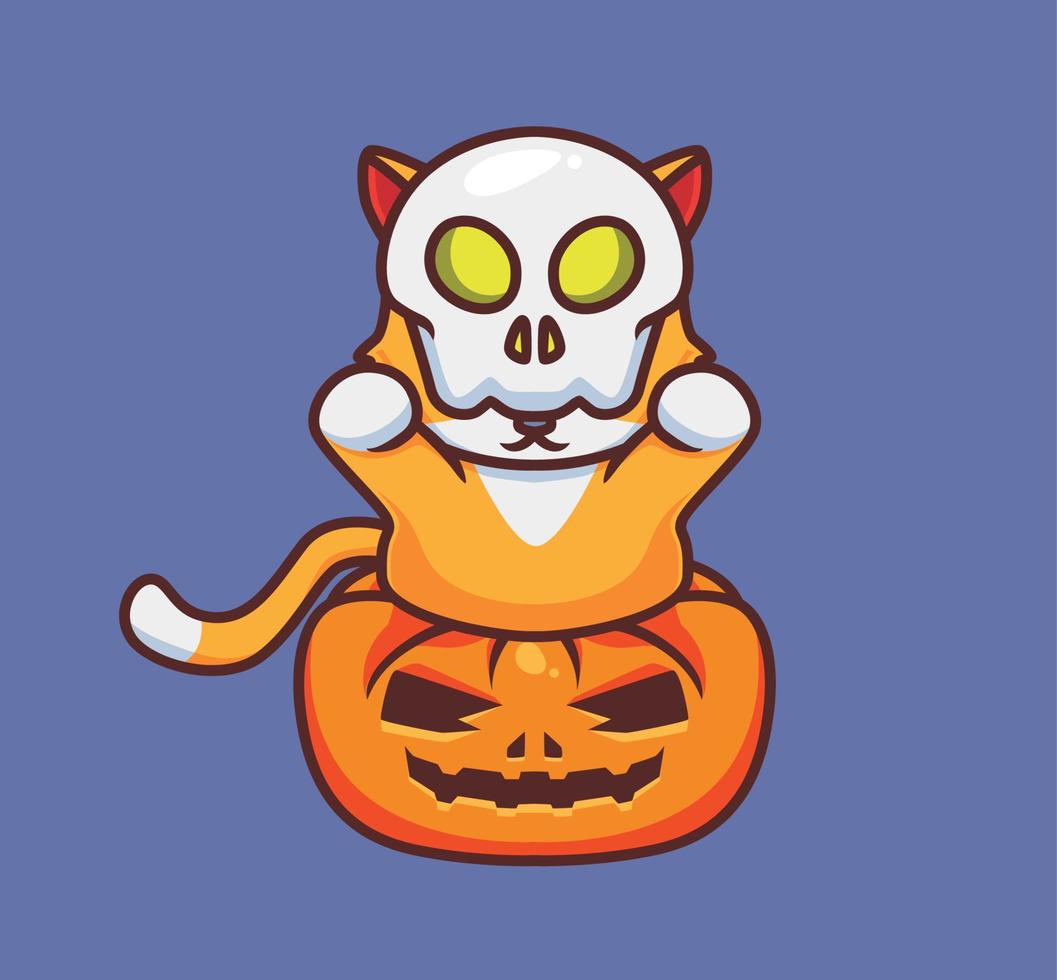 gato bonito jogando uma máscara de caveira na abóbora. ilustração de halloween animal dos desenhos animados isolado. estilo plano adequado para vetor de logotipo premium de design de ícone de adesivo. personagem mascote