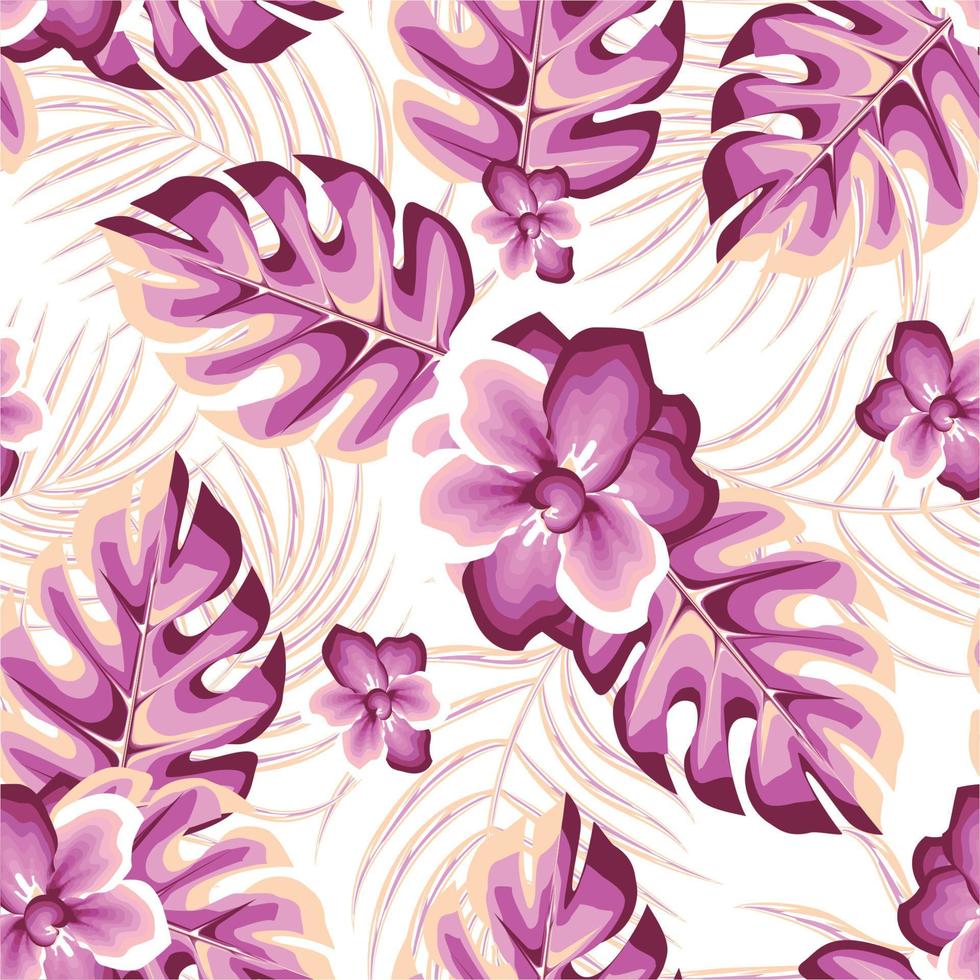 padrão sem emenda de papel de parede de outono com flor de jasmim rosa e folhas de palmeira monstera em fundo branco. textura de impressão elegante. fundo floral. estampa floral. papel de parede de primavera. projeto de verão vetor