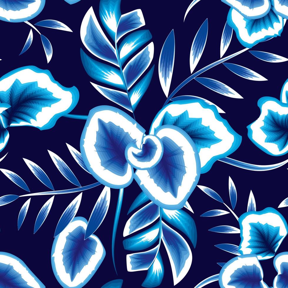 padrão sem emenda de folhagem tropical azul claro com plantas e folhas em fundo escuro. fundo floral. fundo botânico. papel de parede da selva. natureza decorativa. ilustração de noite. outono. verão vetor