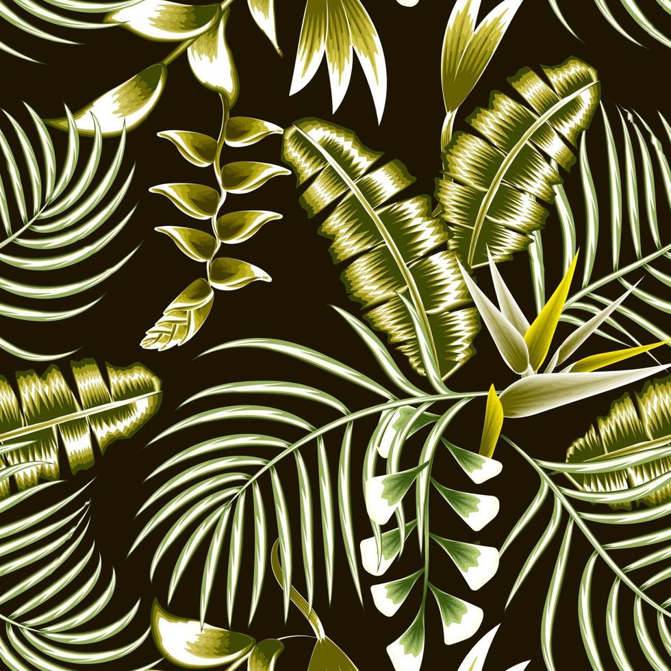 elegante padrão tropical sem costura com folhas de palmeira de banana luz verde e folhagem de plantas de flores helicônia em fundo escuro. bela planta exótica. estampa de verão na moda do Havaí. fundo floral vetor
