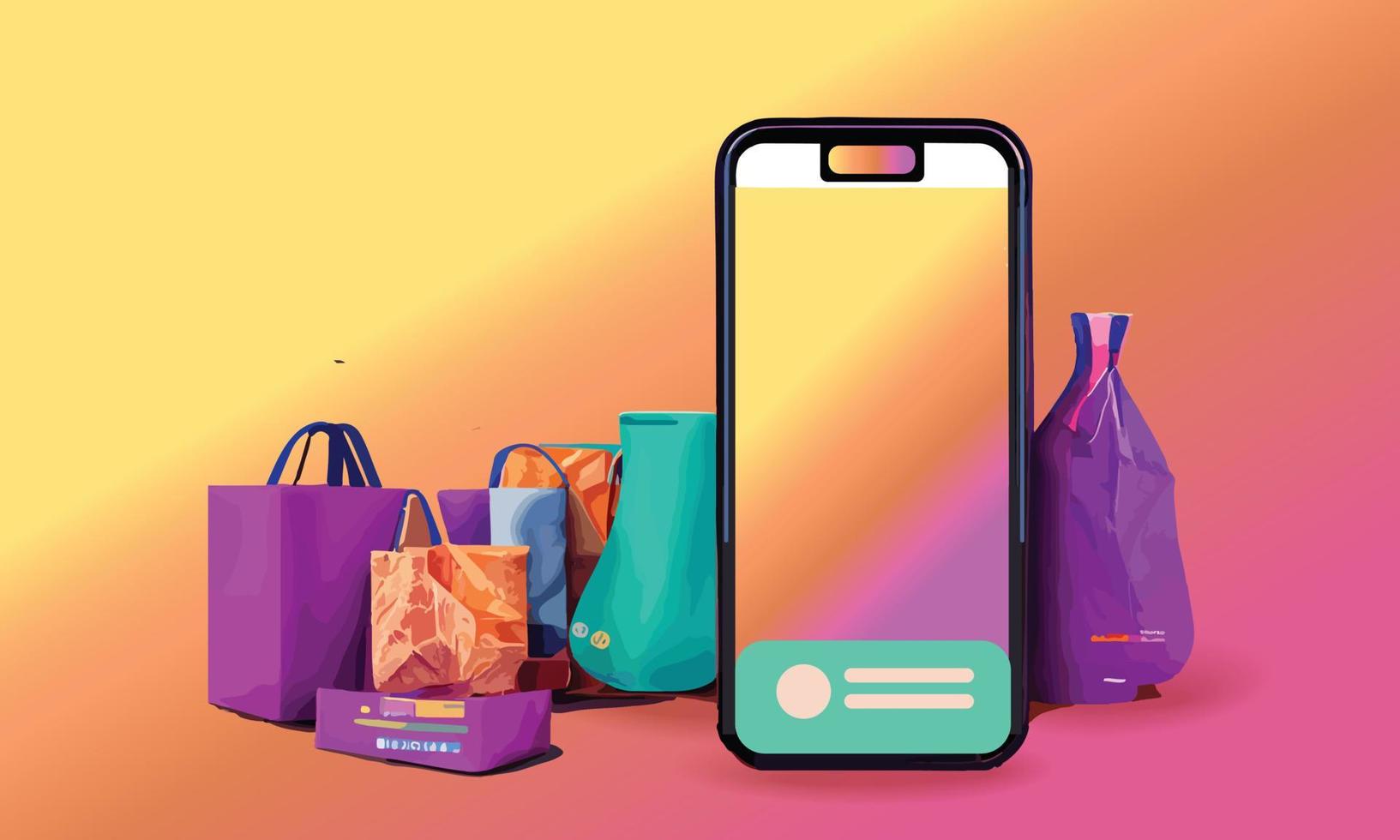 compras on-line ou ilustração de conceito de entrega 3d vector show carrinho, sacos e caixas. cores brilhantes de design moderno moderno no smartphone