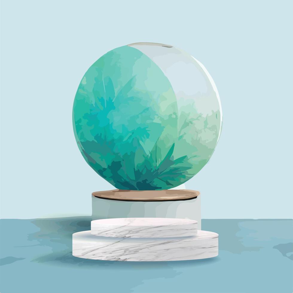 pódio de pedestal de canto redondo branco abstrato, quarto vazio azul claro com folha de palmeira verde, esfera azul e branca. vetor com mármore de textura de madeira