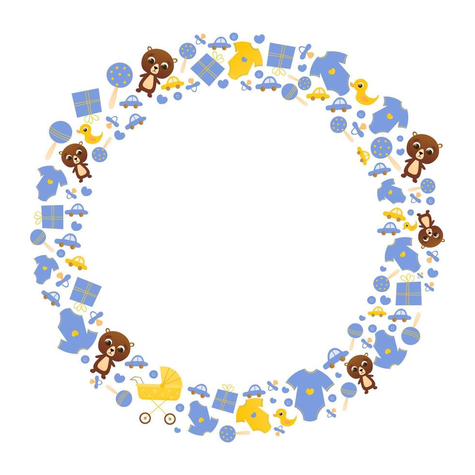 moldura de círculo de itens de bebê para convite de chá de bebê, é uma festa de menino, elementos recém-nascidos em cores azuis vetor