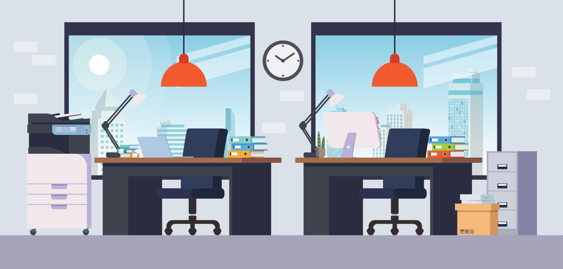 ilustração de uma sala de escritório com mesa, prateleira, impressora e computador. vetor